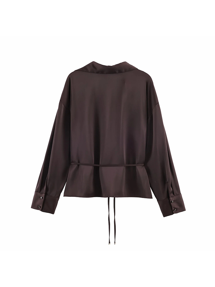 Chemisier en satin pour femme avec ceinture à nouer, col en V, manches longues, printemps-été, chemises simples pour femme, chemises et blouses élégantes pour femme