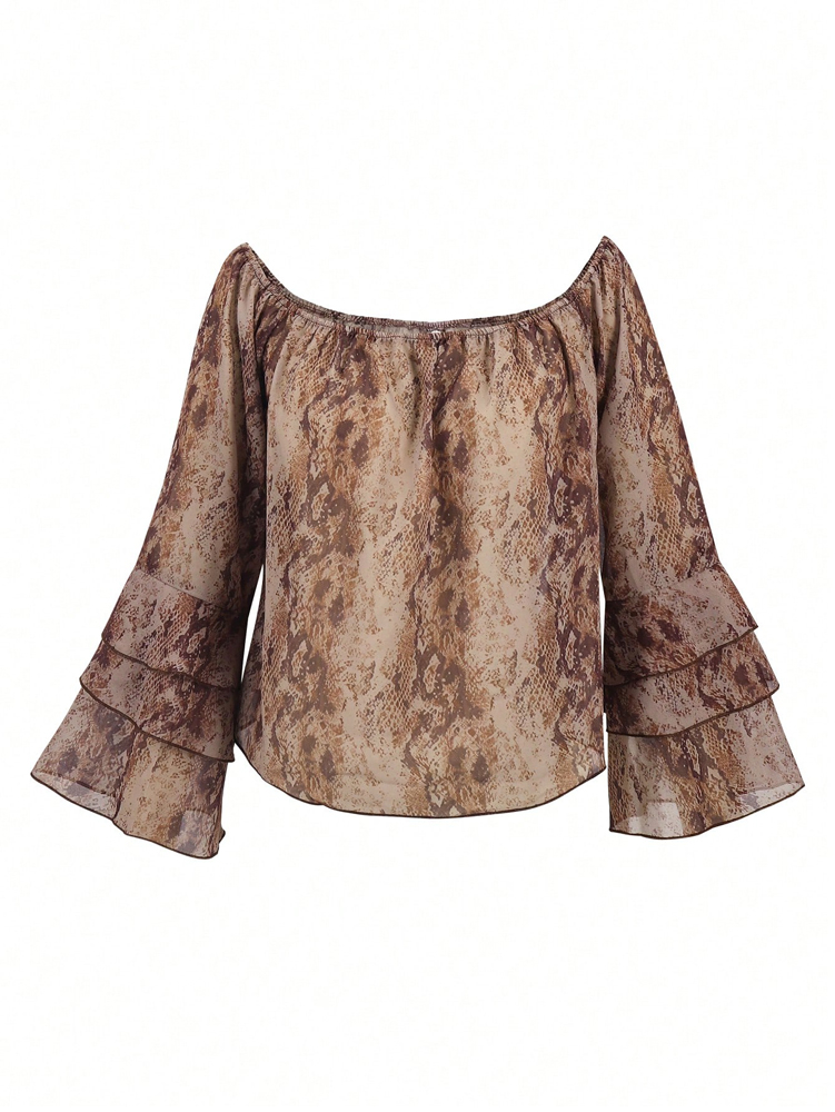 Nouvelle Blouse en Chiffon Imprimée Décontractée pour Femme, Épaules Dénudées : Élégance Color-Blocking, Style Resort, Parfaite pour l'Été
