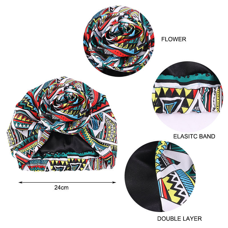 Femme africaine Satin doublé Turban casquette grande fleur chapeau imprimé fleuri bandeau Bonnet musulman foulard dames bonnets