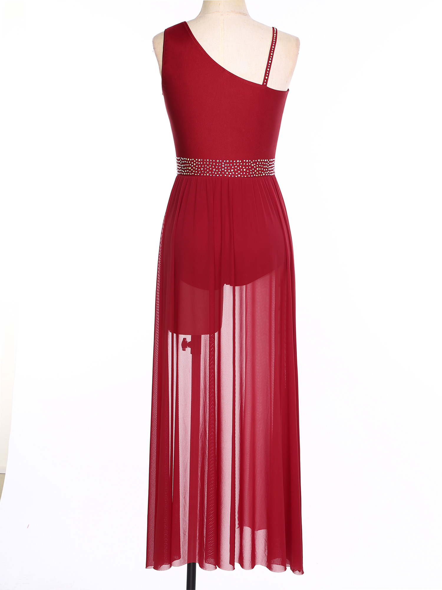 Costume de danse moderne contemporaine lyrique pour femmes, strass scintillants, épaule asymétrique fendue, maille transparente épissée, vêtements de danse
