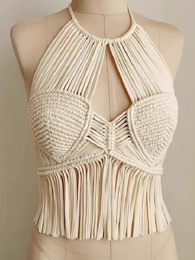 Débardeur court bohème pour femme, dos nu, à nouer autour du cou, avec broderie et pompons, style suspender