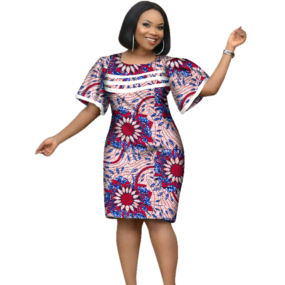 Robes africaines en coton pour femmes, imprimé Dashiki, manches courtes, col rond, robe crayon de bureau, WY2353