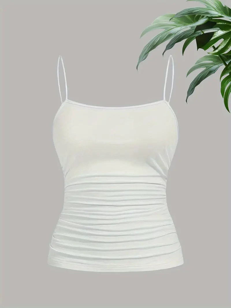Débardeur Cami Élégant pour Femme à Bretelles Fines et Froncé, Coupe Ajustée, Sans Manches, Extensible et Doux, Style Basique, Mode Estivale, Noir