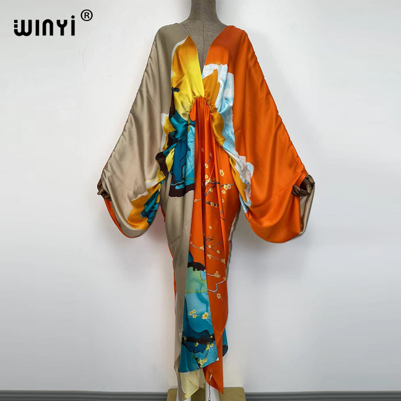 WINYI-Robe longue de plage en V profond, style bohème, kaftan, soie, rayonne, imprimé, mode 2022