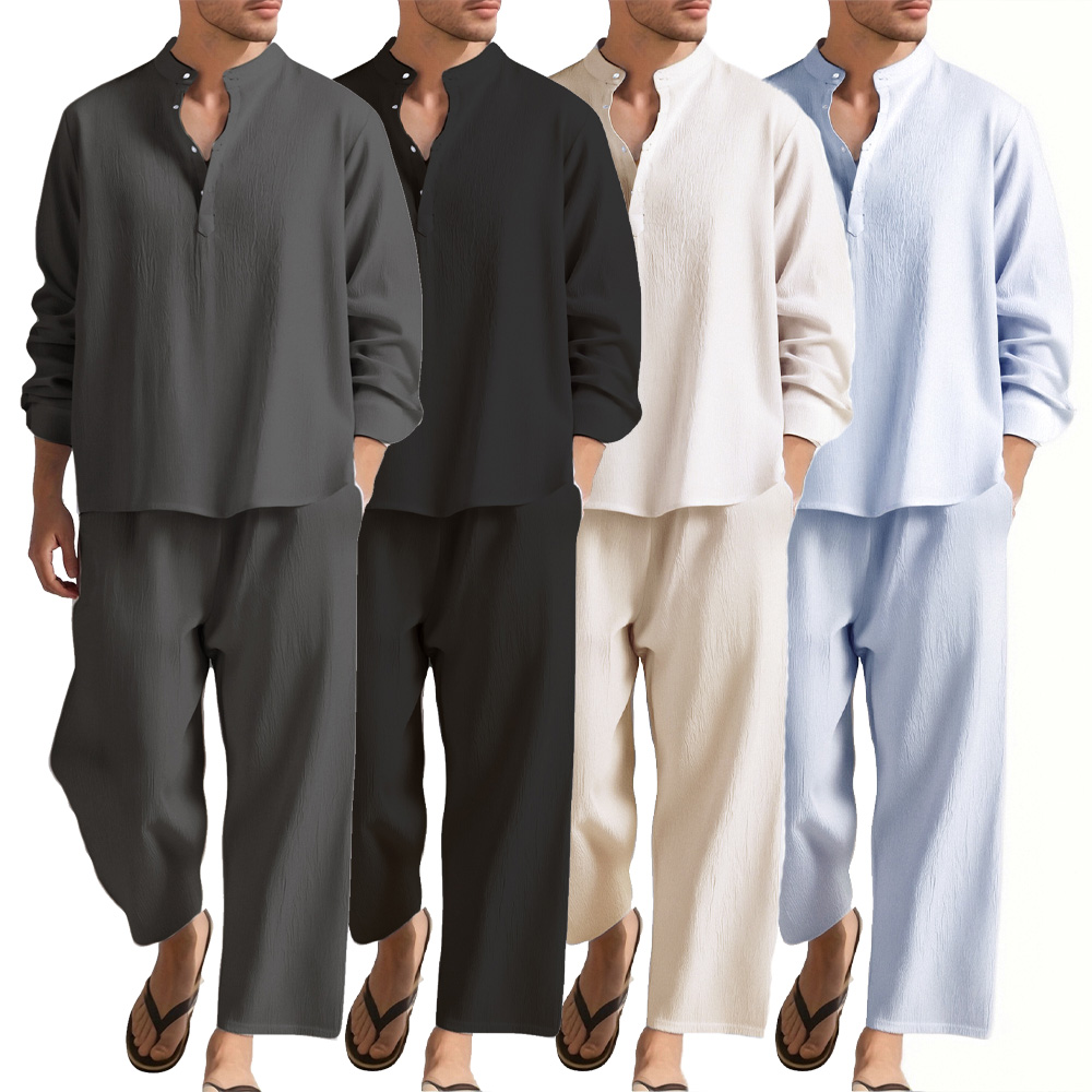 Chemise et pantalon à manches longues pour hommes, vêtements de plage, survêtement, chemises de couleur unie, pantalons de survêtement, vêtements de vacances hawaïennes pour hommes