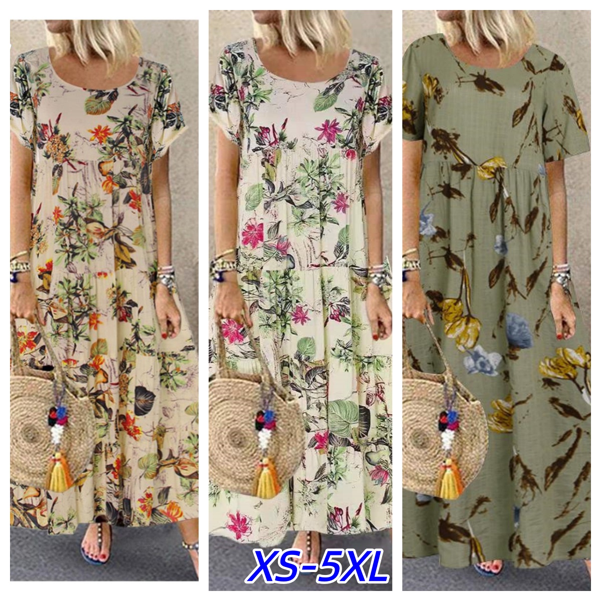 Robe d'été pour femmes à manches courtes, imprimé floral, bohème, élégante, décontractée, ample, longue, pour les vacances
