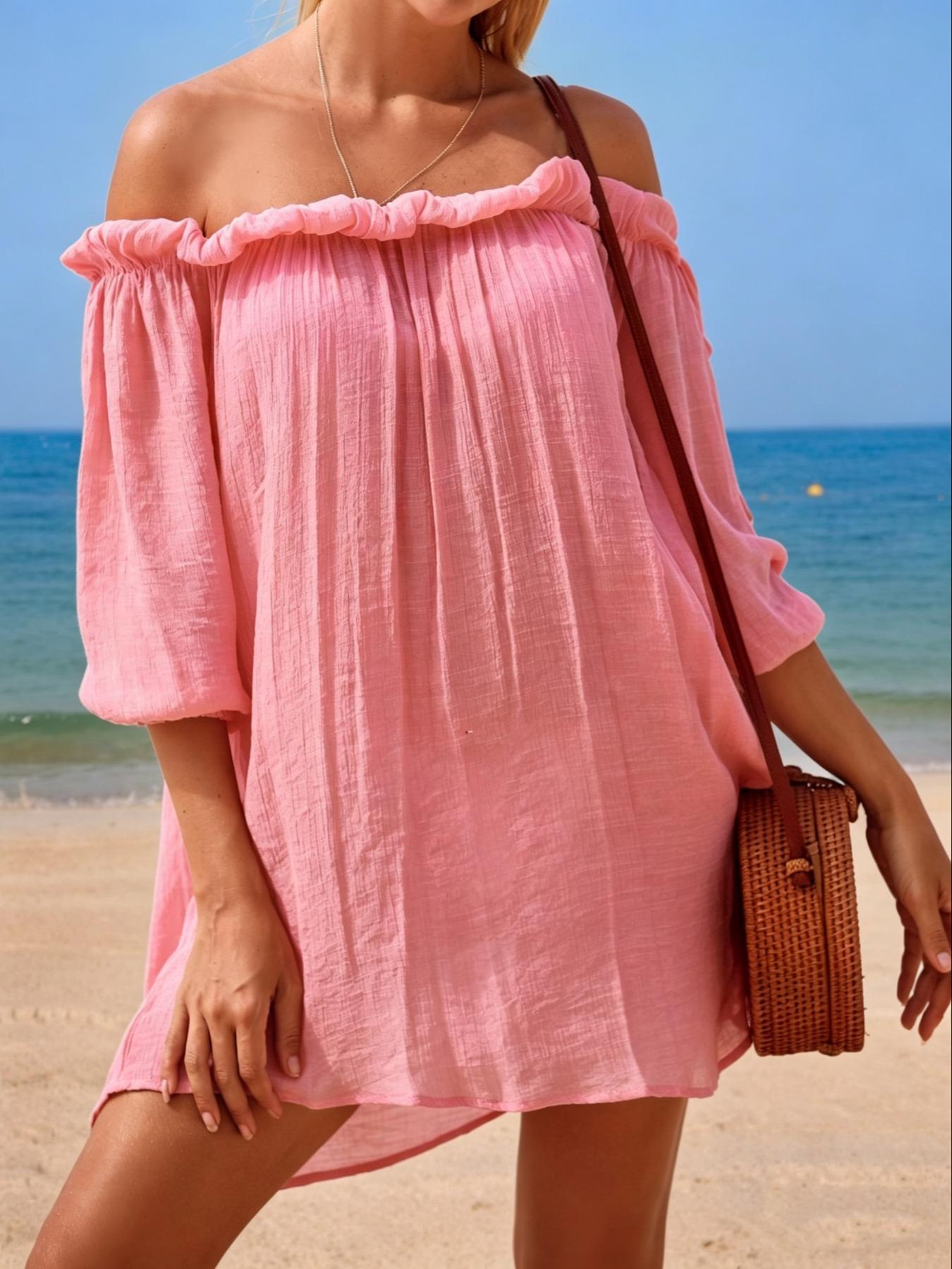 Robe courte asymétrique style vacances, Cache-maillot de bain léger et transparent, Vêtement de plage décontracté uni pour femme