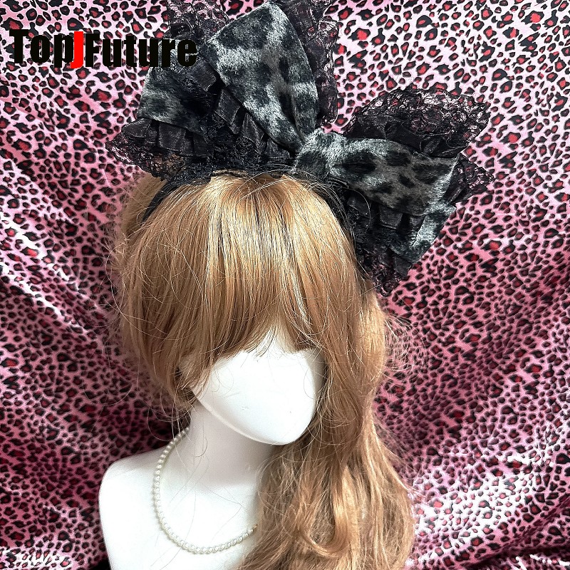 Serre-tête et épingles à cheveux pour femmes, style Y2K Hime Lolita Sweet Girl, avec nœuds chat oversize, imprimé léopard et volants en dentelle, pour subculture