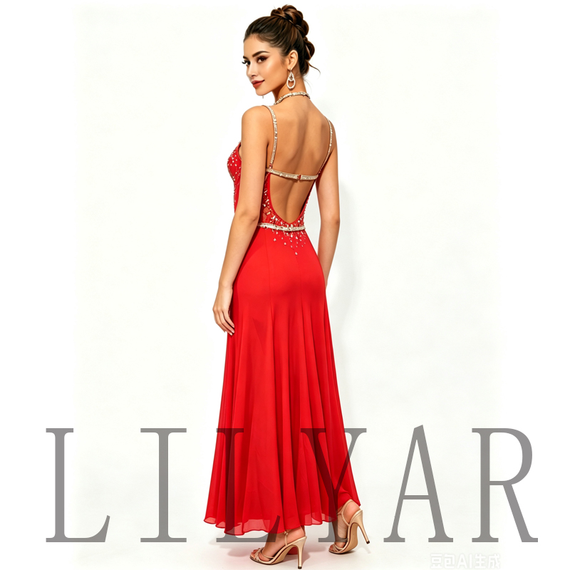 Nouvelle robe de flamenco rouge à fente haute pour performance, robe de danse Rumba brillante avec grande jupe pour concours de danse latine