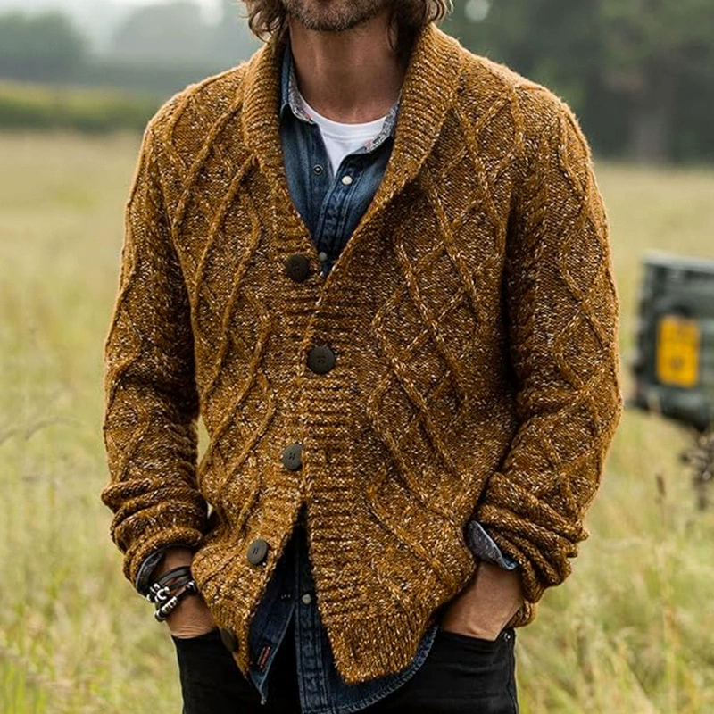 Cardigan tricoté à la mode pour hommes, pull à col à revers, manches longues, Design floral torsadé, manteau avec fermeture à bouton unique, automne hiver