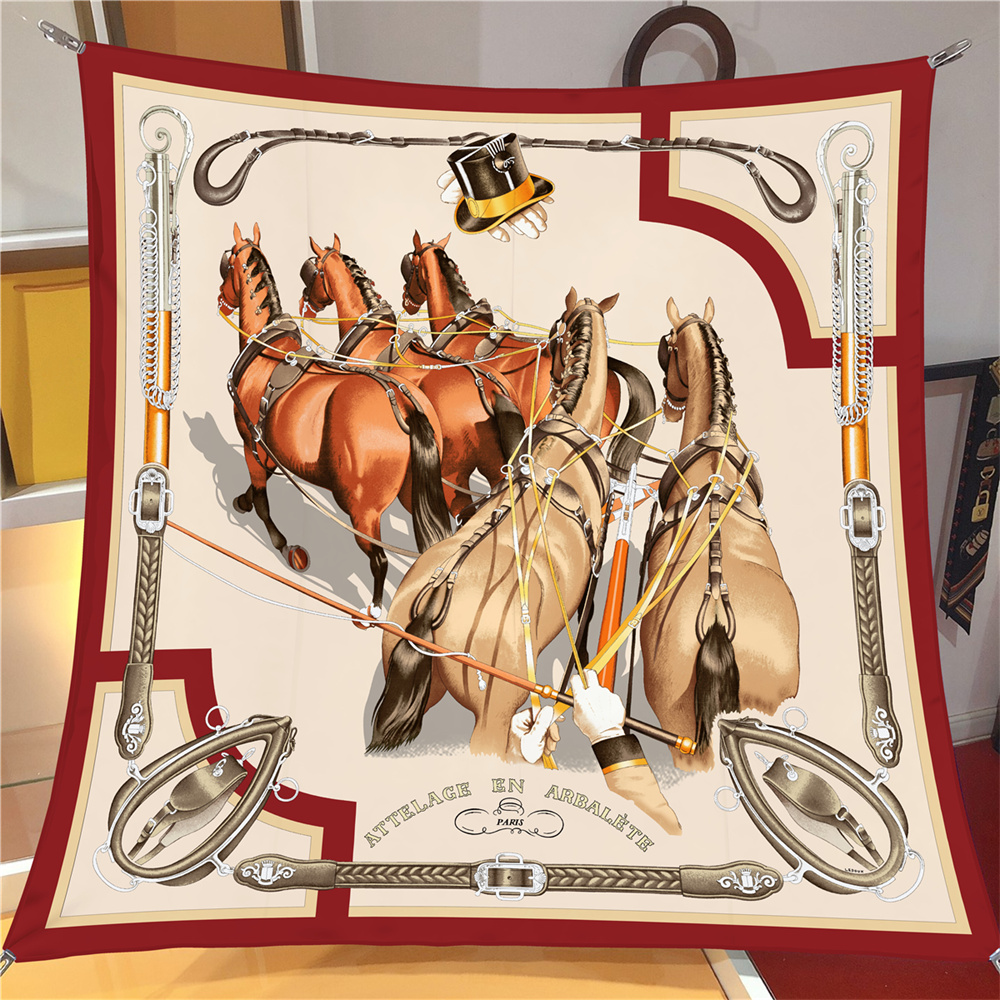 Foulard carré de marque pour femme, en soie imprimé chevaux, châle de plage, hijab, bandana de luxe, foulard de cou, écharpe de tête