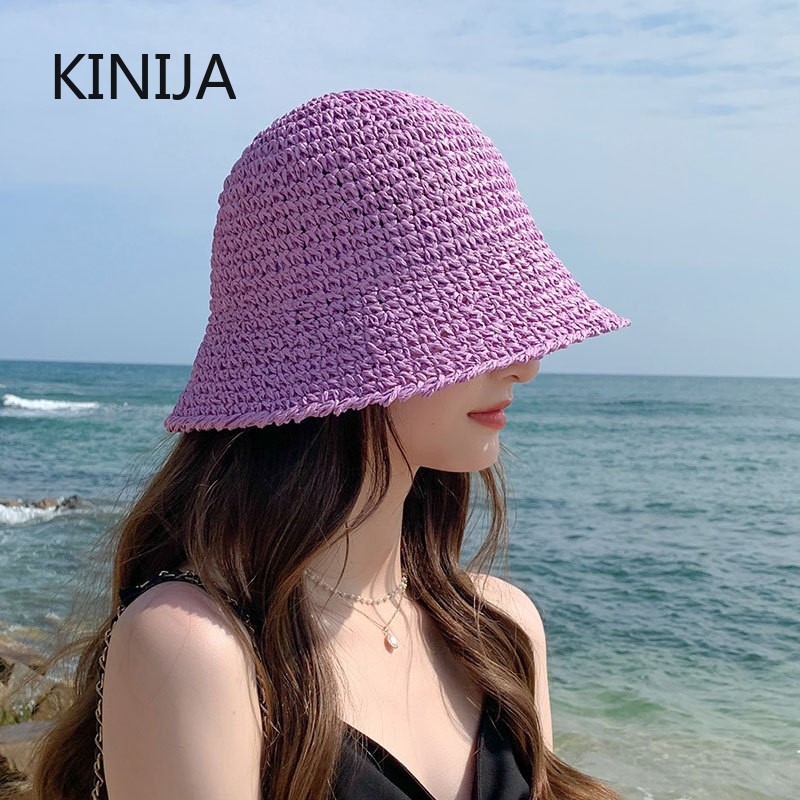 Plage coréenne Chapeau de paille été femmes visière seau Chapeau pêcheur Chapeau tissage à la main Panama fille pêche Chapeau soleil chapeaux outil