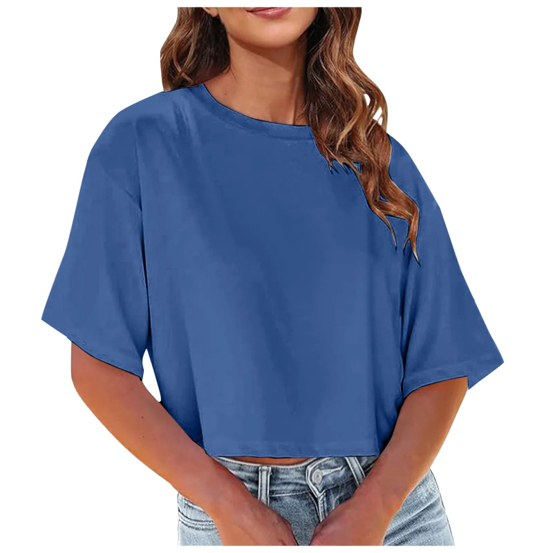 T-shirt à manches courtes pour femmes col rond recadrée couleur unie t-shirts hauts courts amples femmes tendance Petite t-shirt