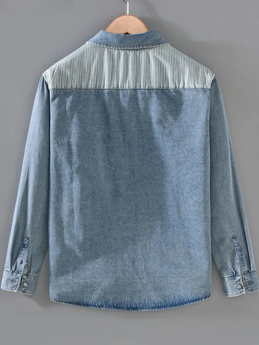 Chemises en jean décontractées pour hommes 2026, style streetwear coréen, patchwork, rayées, fines, pour hommes élégants au quotidien