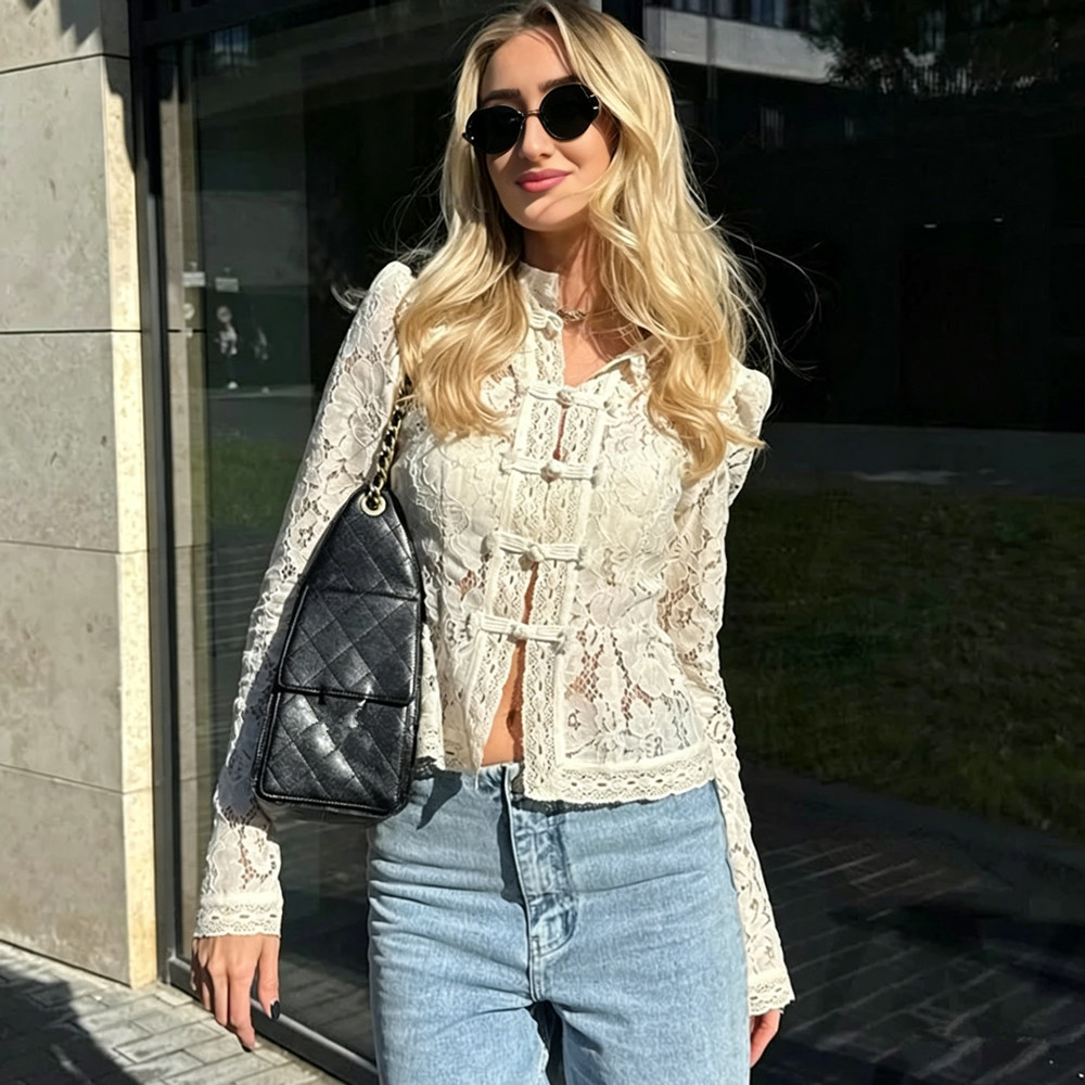 Chemisier Vintage en Dentelle pour Femme, Été, Col Dégagé, Broderie Élégante, Manches Bouffantes, Décolleté Sexy, Style Décontracté