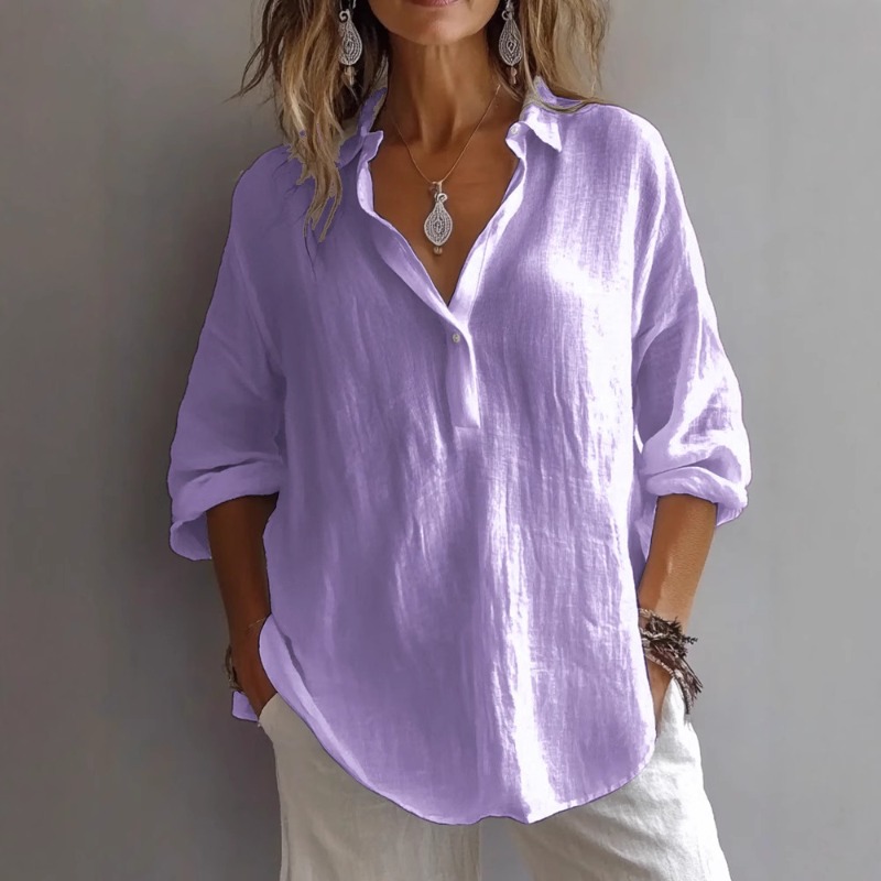 Chemisier en coton et lin pour femme, manches longues, col rabattu, couleur unie, décontracté, ample, respirant, idéal pour l'été et le bureau