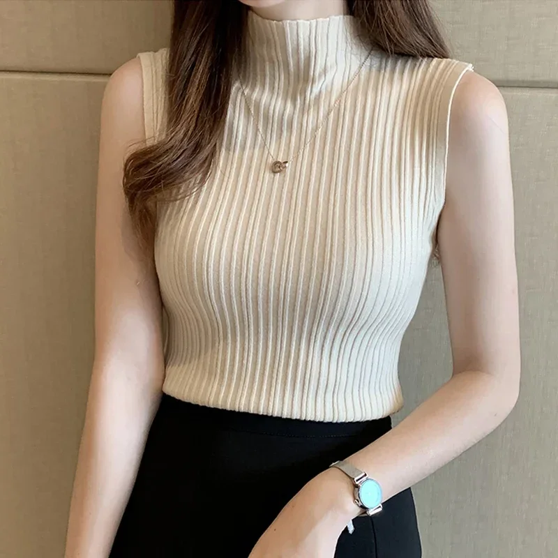 Mode femmes tricoté gilet couleur unie sans manches col mi-haut mince Base Camisole débardeur décontracté tricots été Streetwear