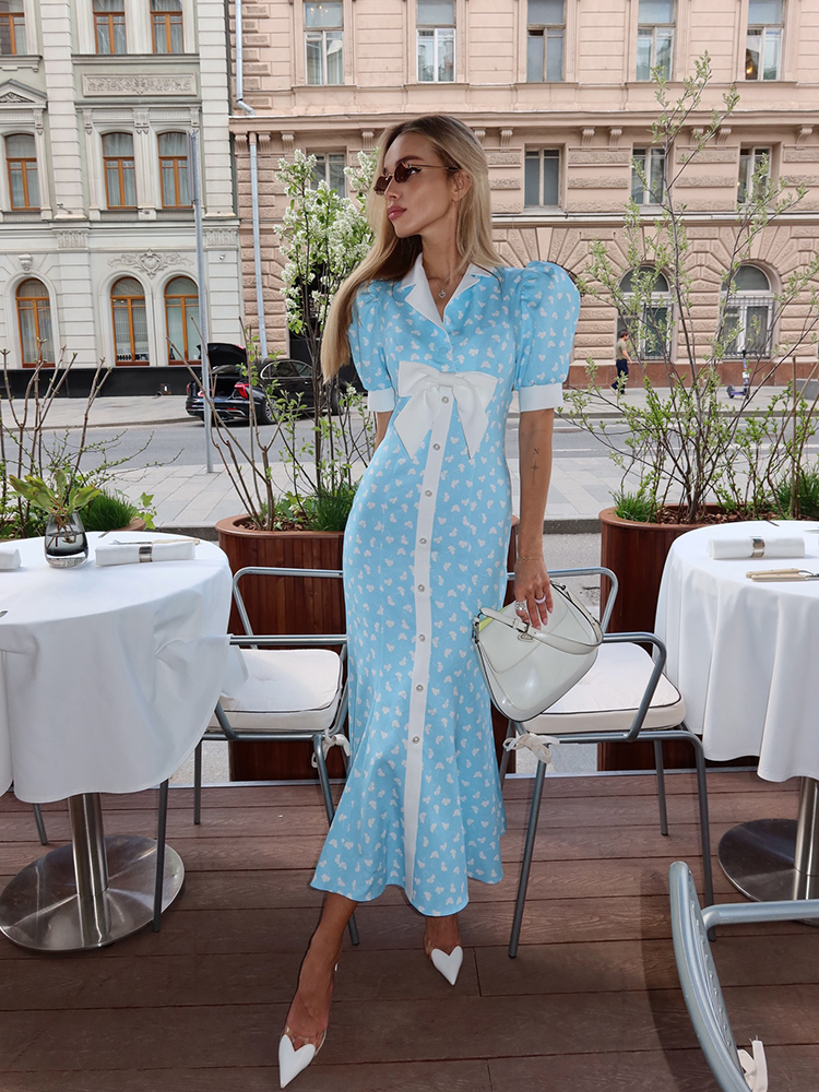 Nouvelle Robe Longue Imprimée Décontractée pour Femme, Chic, Col en V, Manches Courtes Bouffantes, Taille Cintrée, Robe d'Été 2026 pour les Vacances