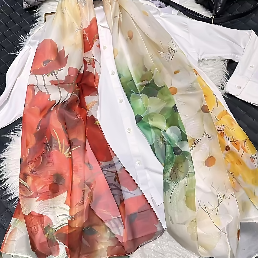 Foulard Long en Mousseline de Soie pour Femme, Rouge, Vert, Mûrier, Nouveau Design Floral de Luxe, Enveloppes d'Été, Couverture de Plage, Rond 100% x 180 cm, 110