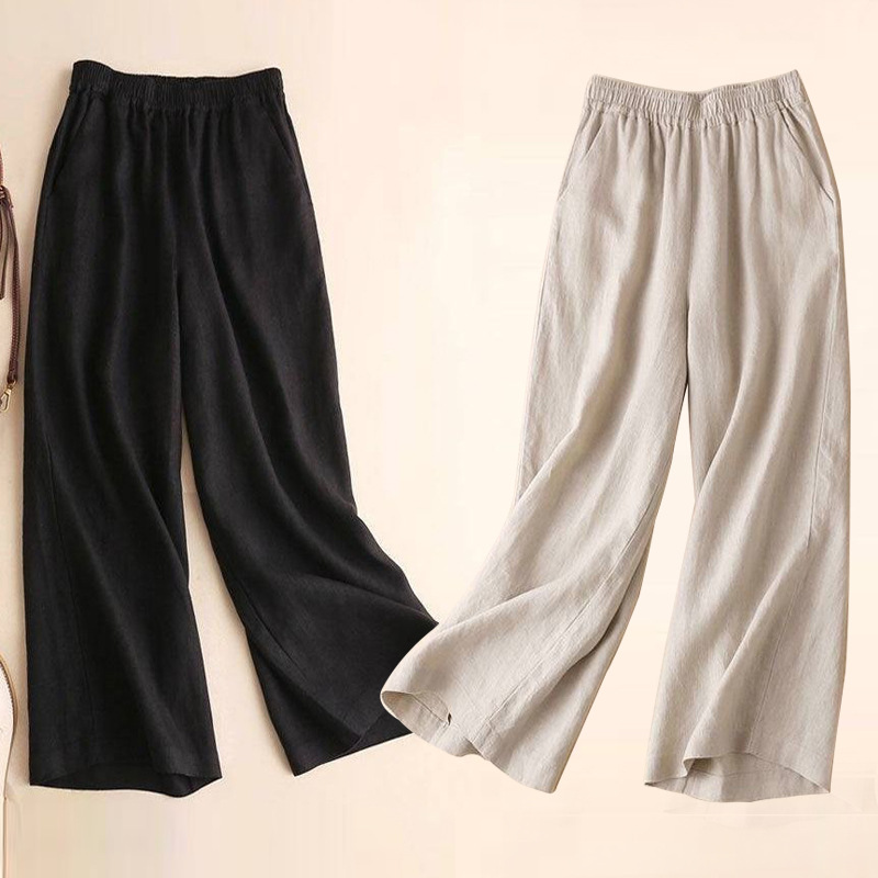 Mode pleine longueur pantalons décontractés pour femmes coton lin pantalon à jambes larges solide pantalon d'été femme ample taille haute pantalon droit