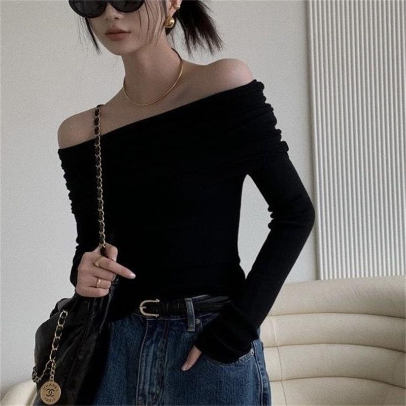 T-shirt noir à manches longues et épaules dénudées pour femme, haut court, couleur unie, élégant, épicé, Slim Fit, rouge, nouvelle collection automne/hiver