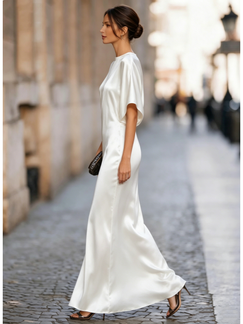 Robe longue en satin pour femme, manches chauve-souris courtes, élégante robe de soirée fluide, tenue décontractée ou formelle