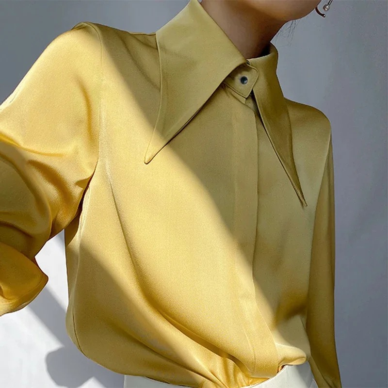 Chemise en satin à manches longues pour femmes, col rabattu, chemisier blanc, chemises élégantes pour dames, mode vintage, 16946