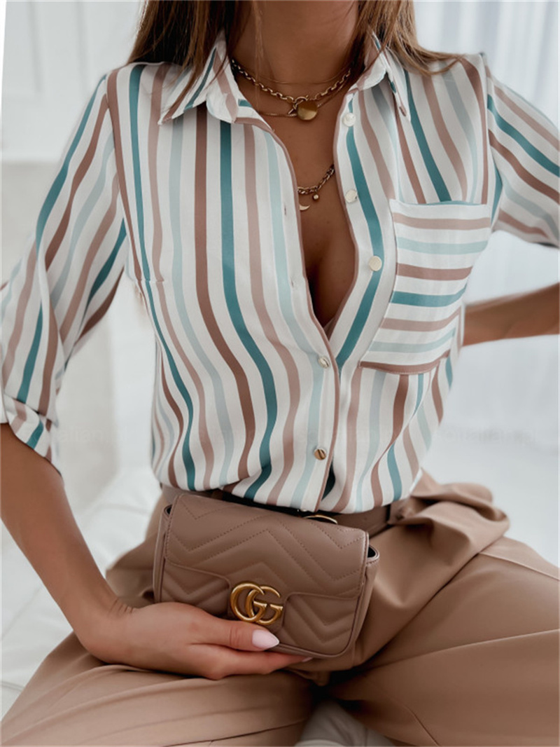 Chemisier élégant pour femmes, haut de tempérament, manches longues, imprimé à rayures, bureau, Slim Fit, chemise avec poches, printemps et automne, 2023