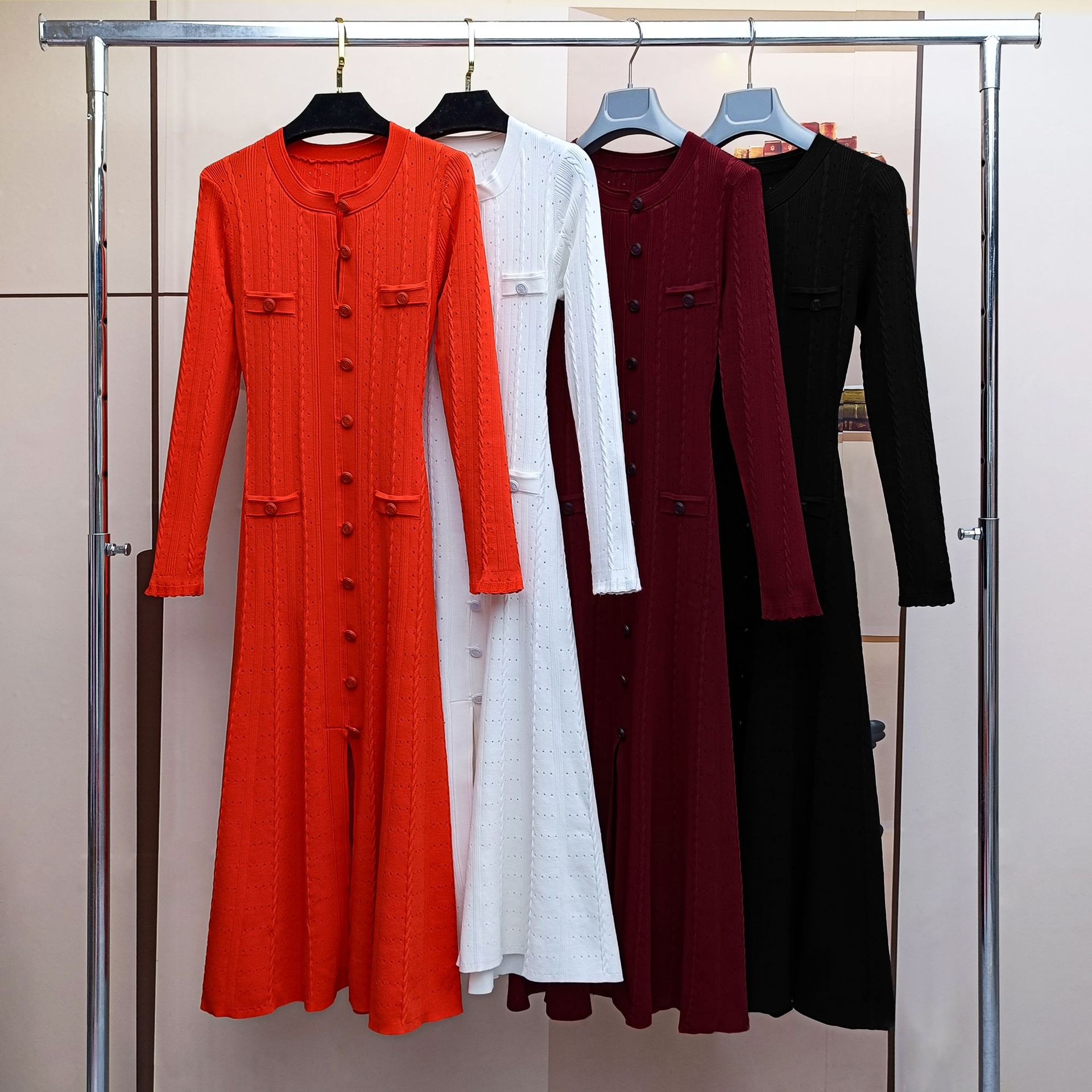 Robe tricotée française pour femmes, automne hiver, manches longues, moulante, Vintage, manches longues, simple boutonnage, ajourée, longue Robe