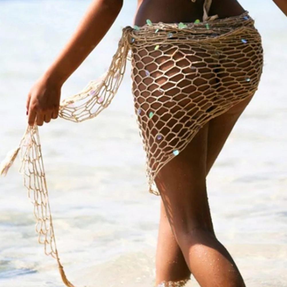Femmes kaki châle paillettes coquille embelli plage châle creux résille Bikini couvrir été maillots de bain Wrap maillots de bain
