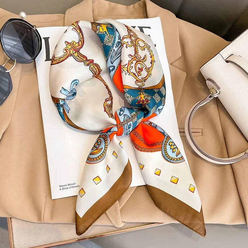 Foulard carré à carreaux en soie pour femmes, marque de luxe, Satin, cravate pour cheveux, bande de travail douce, nouvelle tête Hijab, 2021