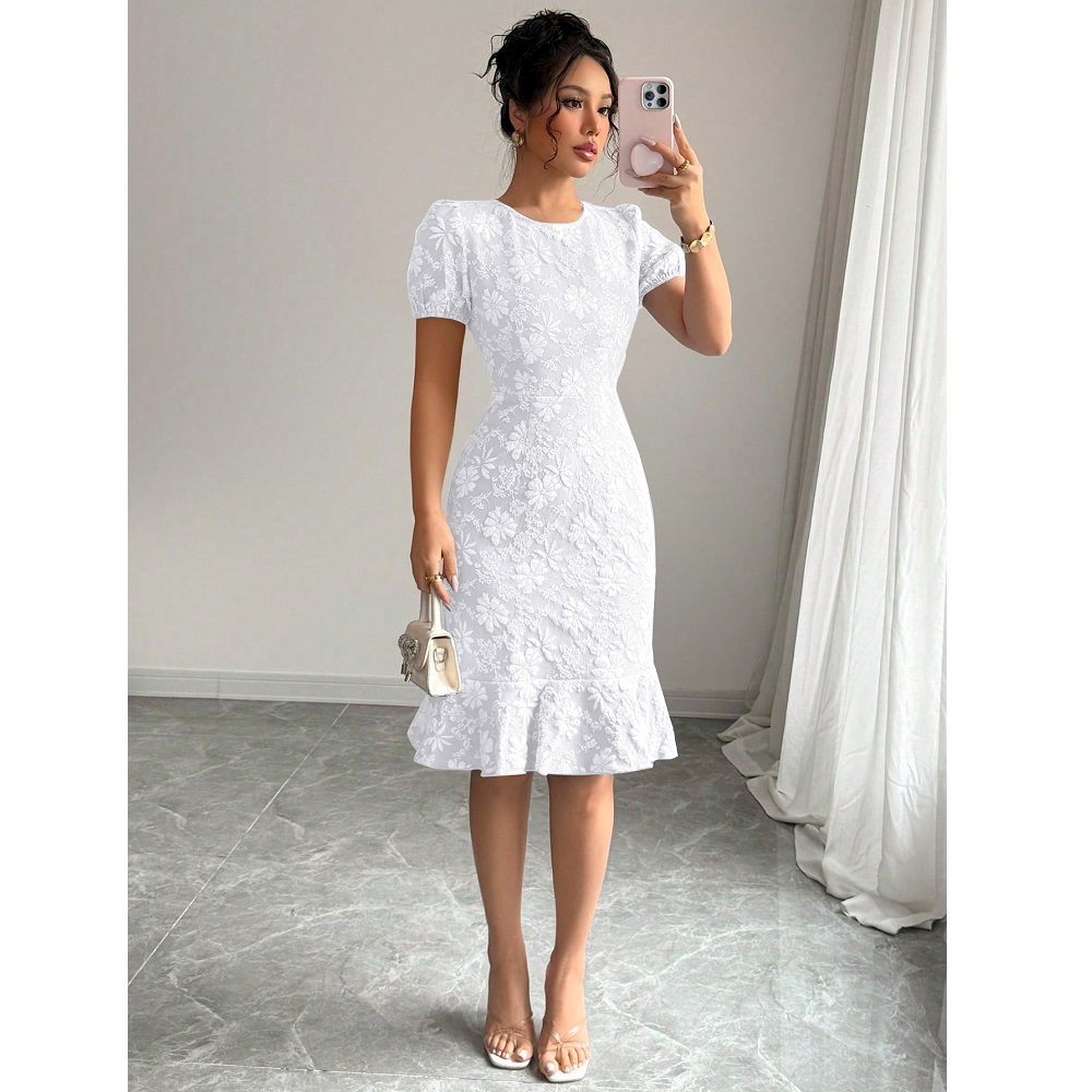    Robe de soirée brodée de fleurs pour femmes, tenue de bureau, col rond, manches courtes, couleur unie, Slim, élégante, moulante, été