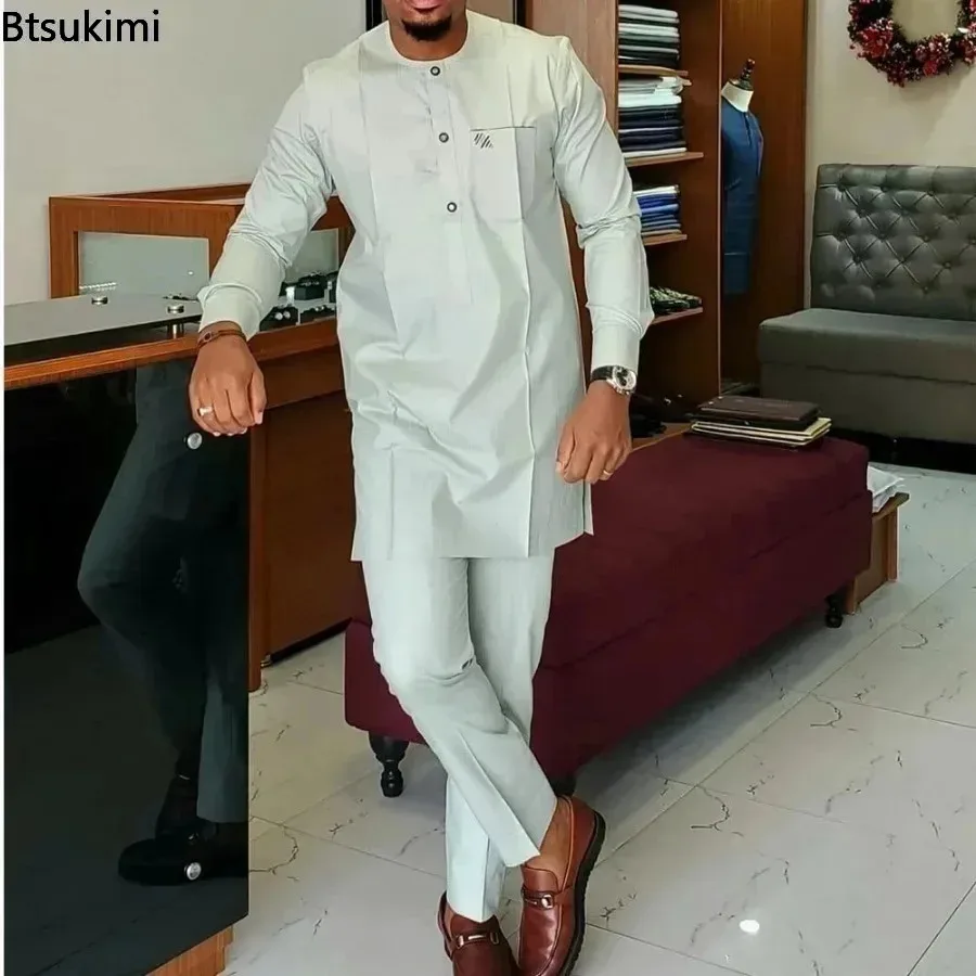 Ensemble Homme Tenue de Mariage Africaine Perles Manches Longues Haut et Pantalon Kaftan Vêtements Traditionnels Costumes Ethniques Décontractés Costume 2 Pièces pour Homme