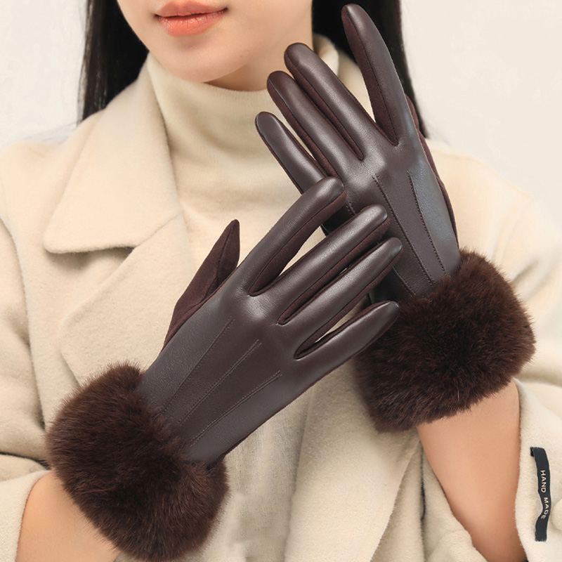 Gants en cuir PU pour femmes, avec garniture en fausse fourrure, manchette pour temps froid, doublure thermique épaisse, gants chauds coupe-vent, mode hiver