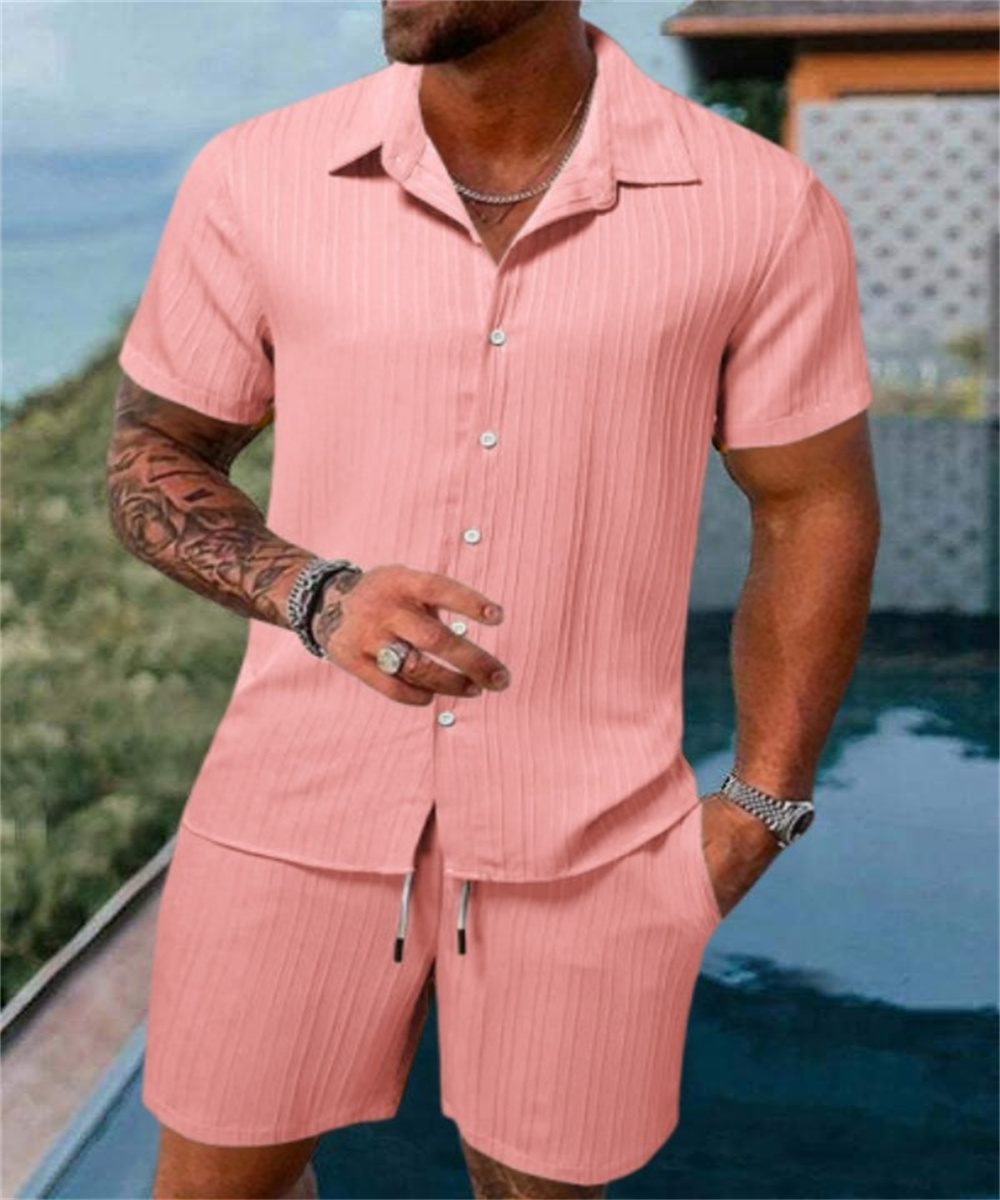 Nouvelle Collection 2024 : Ensemble de Plage Homme Tendance – Chemise Décontractée Manches Courtes Couleur Unie et Short Ample pour Sports de Plein Air