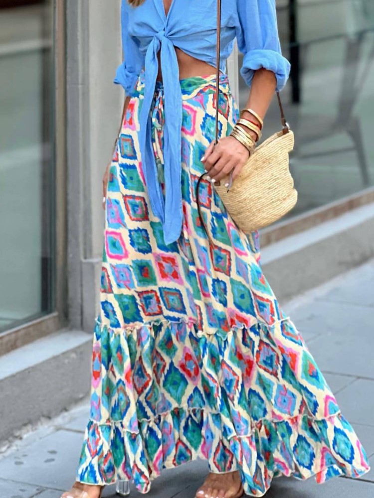 Femmes imprimer jupe longue mode Vintage jupes amples dame décontracté élégant Boho plage vacances jupes femmes vêtements été nouveau