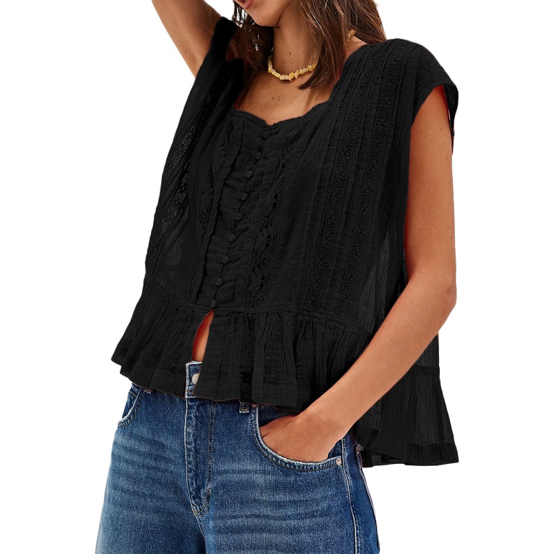 Débardeur Vintage en lin pour femmes, demi-boutons, sans manches, chemise à volants, nuisette Y2k, chemisier péplum, gilet, tunique