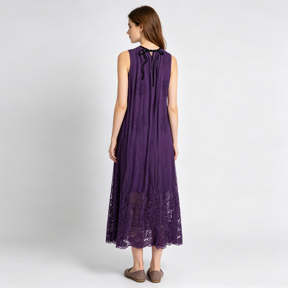 Robe de soirée décontractée pour femme, nouvelle collection été, élégante, en soie de mûrier naturelle, broderie riche, col rond, longue, violette