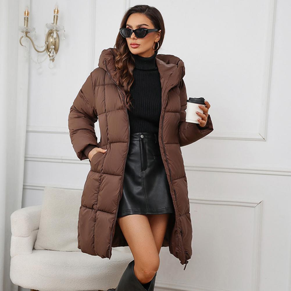 Veste d'hiver longue à capuche pour femme, manteau d'hiver matelassé et épais avec capuche, taille ajustée, longueur mi-longue