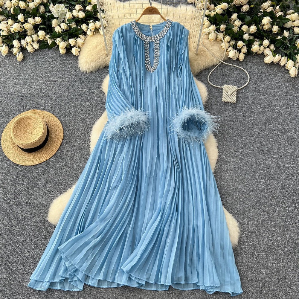 Robe longue d'été pour femmes, Sexy, plumes, diamant, couleur unie, longueur cheville, coupe ample, tempérament, ligne A, décontractée, 2024