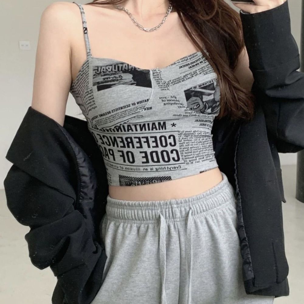 Camisole à ruban de glace avec coussin de poitrine, journal imprimé à la mode, créatif, court, rond, poitrine, été
