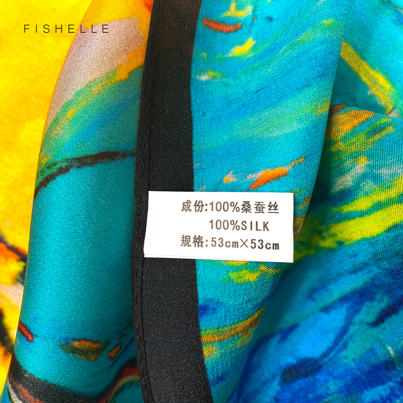 Foulards en soie naturelle pour femmes, peinture à l'huile, bleu et jaune, satin de soie véritable, petit carré de 50cm, écharpe fine, hijab pour dames, printemps