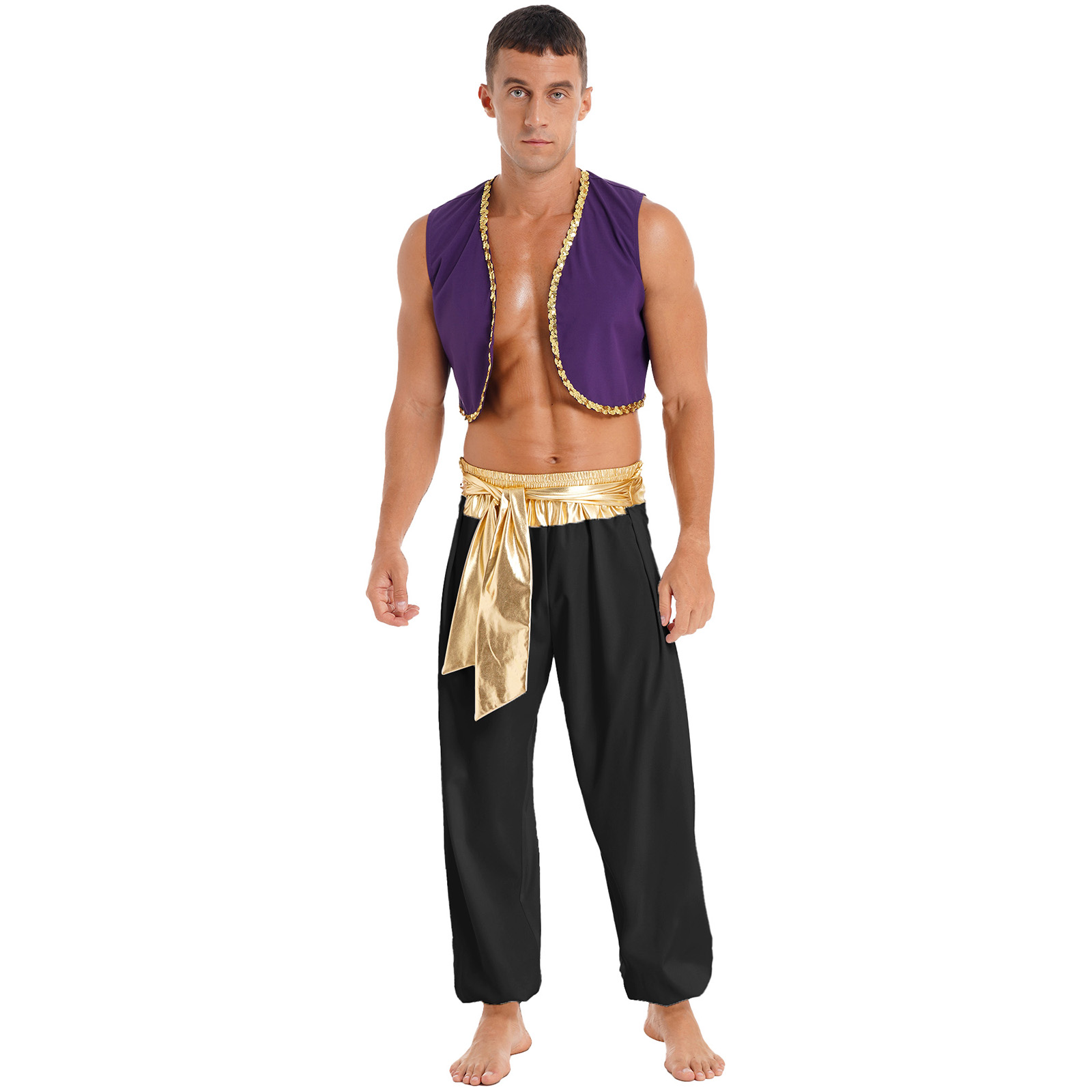 Costume de Prince arabe d'halloween pour hommes, robe fantaisie de fête des Aladines mythiques, tenue de Cosplay, gilet à paillettes avec pantalon ceinturé