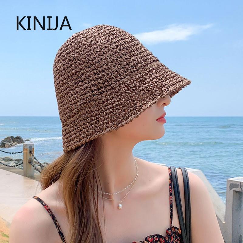 Plage coréenne Chapeau de paille été femmes visière seau Chapeau pêcheur Chapeau tissage à la main Panama fille pêche Chapeau soleil chapeaux outil