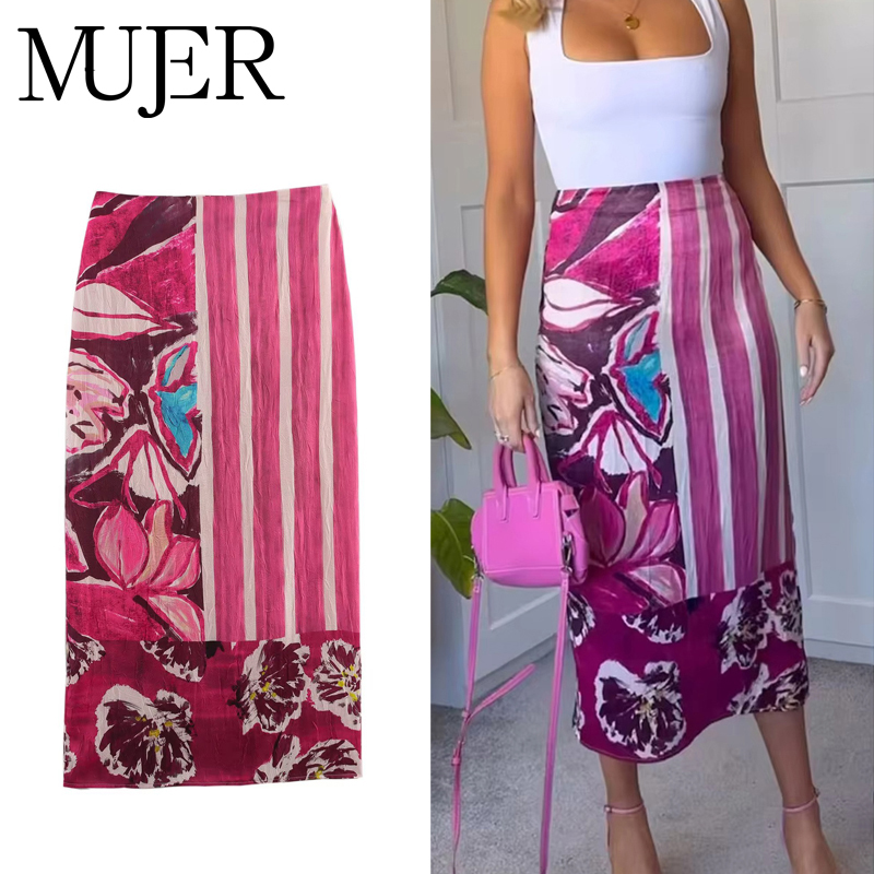 MUJER imprimer Satin jupes longues pour femmes taille haute jupe Midi femme été droite femmes jupe cylindre Vintage femme jupe