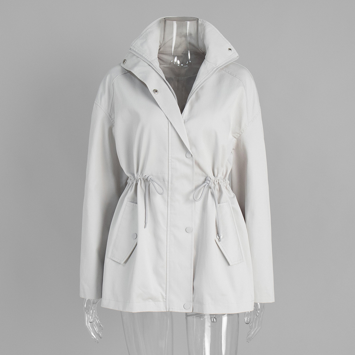 Femmes à la mode col montant simple boutonnage ceinture taille attaché coupe-vent automne décontracté Streetwear vestes pour les femmes