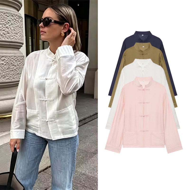 Chemise en satin à nœuds chinois vintage 2026 pour femme, col montant, manches longues, haut élégant style Tang