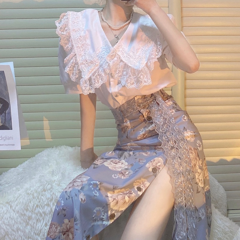 Jupe Femme Vintage Florale Y2K Taille Haute Élégante Boutonnée Décontractée Fendue Sexy Streetwear Été Nouvelle Tendance