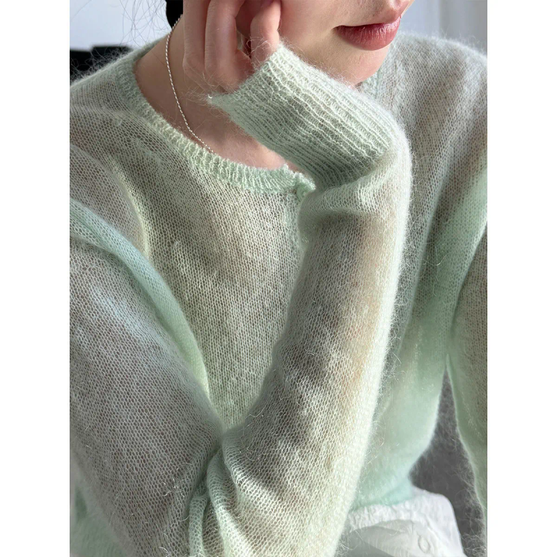 Pull en laine et mohair pour femme 2026 – Cardigan fin tricoté ajouré – Hauts doux pour femme