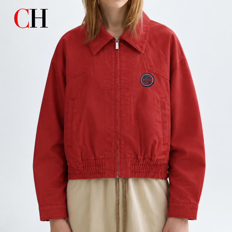CH Veste rouge zippée pour femme, col montant, veste décontractée légère, style streetwear, coupe-vent, manteau printemps-automne